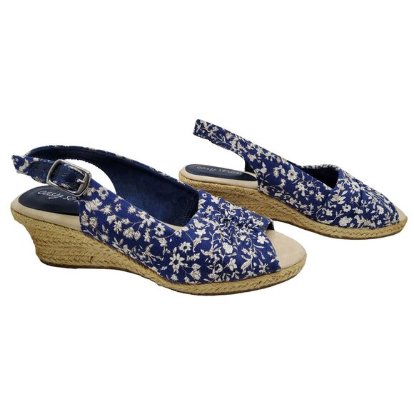 easy street womens blue floral fabric sling back espadrille wedge sandals. - Picture 3 of 6